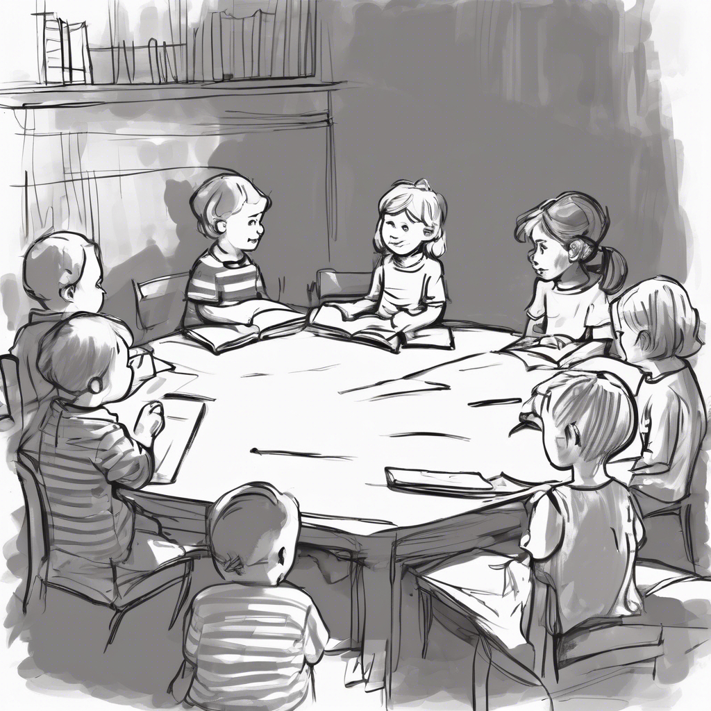Illustration of children gathered around a table for story hour